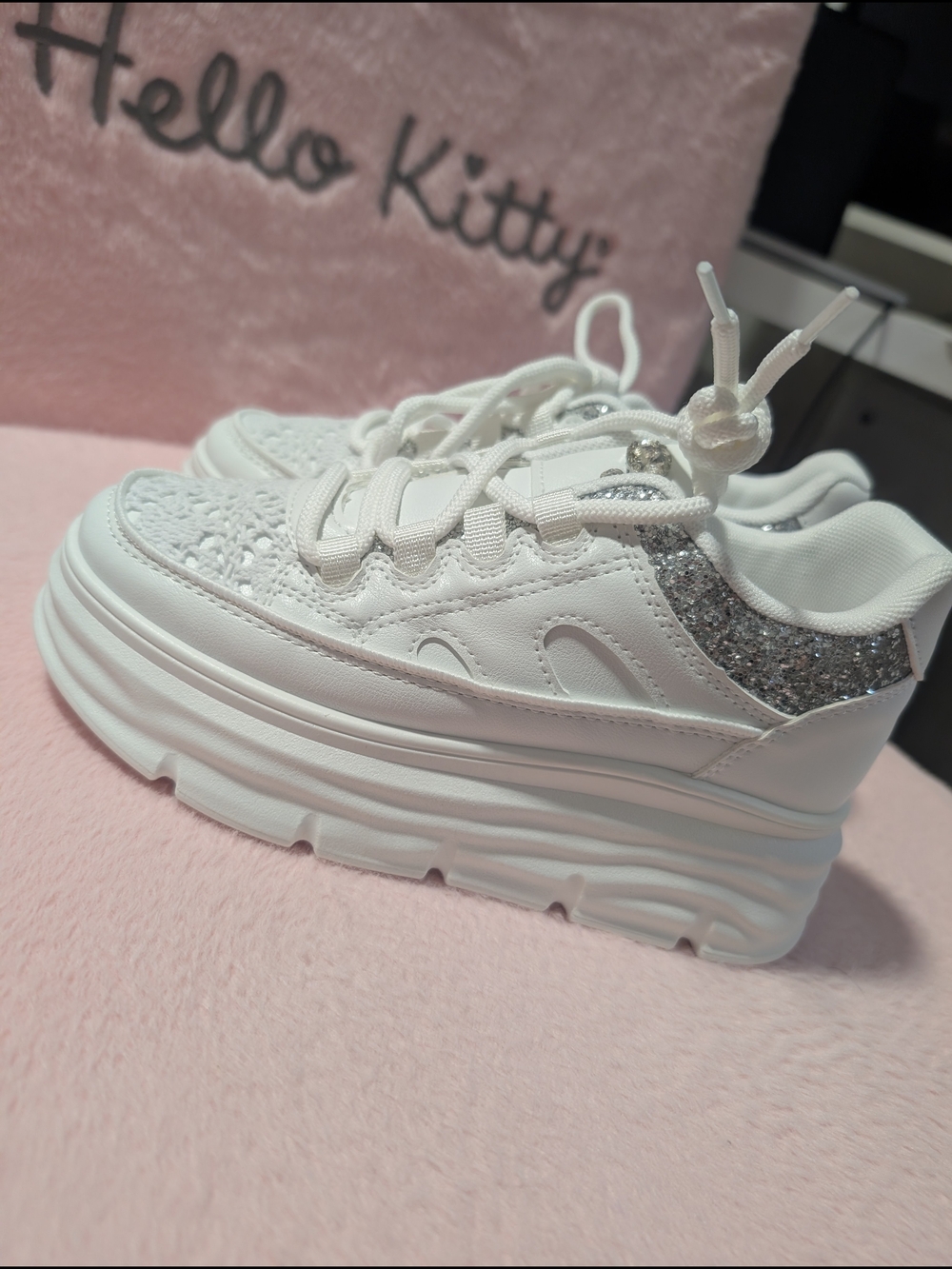 Kids White Glitter Accent Platform Sneakers